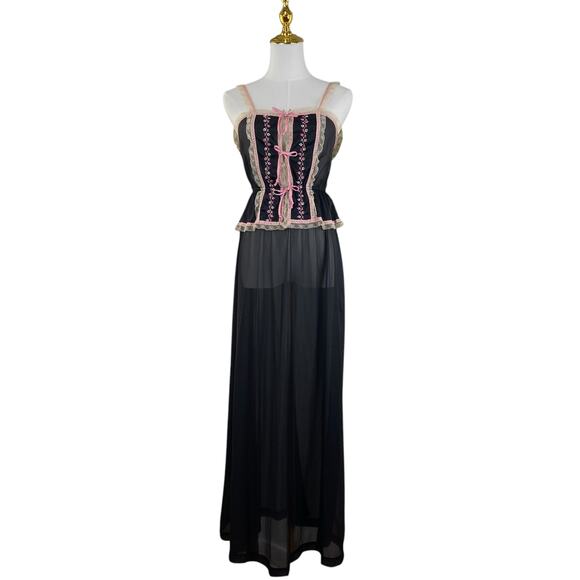 Vintage 70s Gossard Artemis Black & Pink Lacy Embroidered Maxi Nightgown size S - Picture 3 of 11